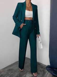 EURMUSE Women's Solid Color Double-Breasted Jacket And Pants Suit Set - Teal Blue - View 4