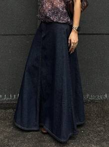 Livesso 女士纯色简约休闲牛仔半身裙 - 藍色 - 查看 5