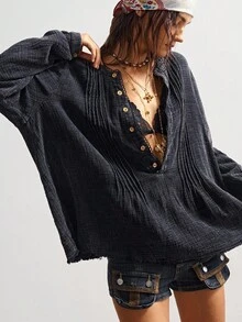 Bohemela 女士复古休闲波西米亚风黑色纯色圆领半开襟宽松长袖水洗宽松衬衫，复古西部乡村风格，适合音乐会、度假、外出、返校等场合，秋冬季穿着。 - 黑色 - 查看 2