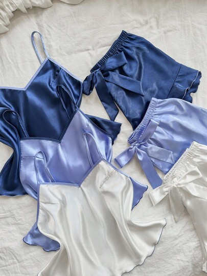 LuxeNights 3件套女士撞色荷叶边仿丝服装套装