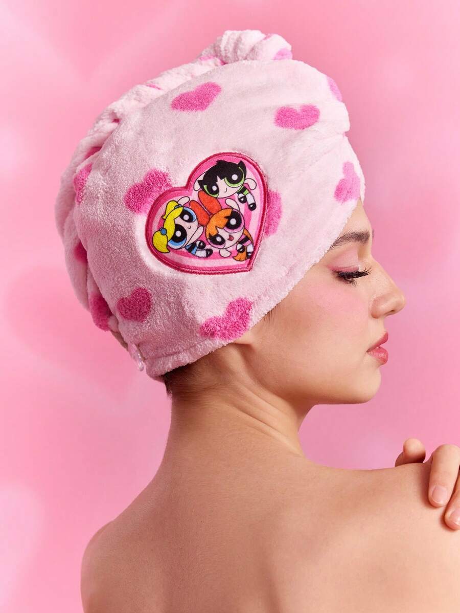 THE POWERPUFF GIRLS X SHEIN 1 pieza Toalla de secado de cabello con estampado de corazón y flor, burbujas y Buttercup, absorbente, adecuada para todos los tipos de cabello