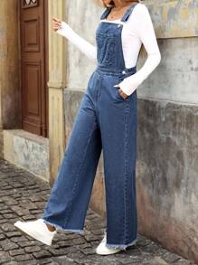 EMERY ROSE 女式宽松休闲日常穿搭磨边牛仔背带裤 - 藍色 - 查看 2