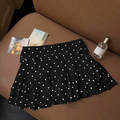 여성 캐주얼 블랙 폴카 도트 미니 스커트, 여름