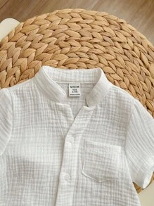 2pcs Baby Boy Solid Color Notch Neck Short Sleeve Top And Elastic Waist Shorts Set - White - View 4