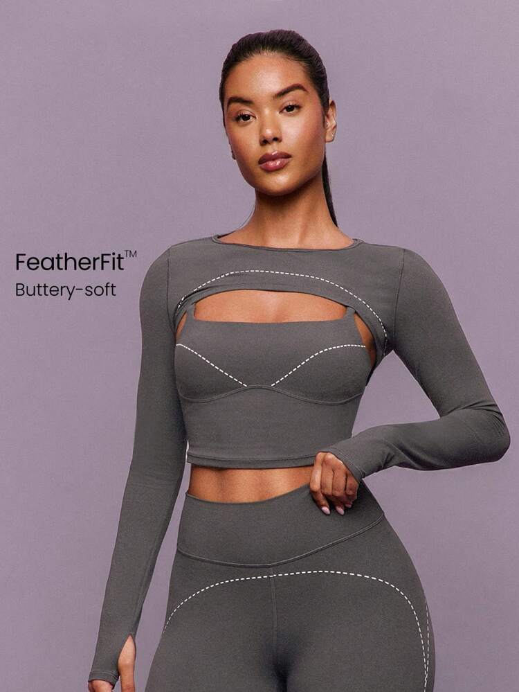 FeatherFit™ All Day Glow Soft Stretchy Sweat-Wicking Contrasting Dotted Line Thumbhole Long-Sleeve Bolero Shrug Low-Impact Yoga Pilates Studio Gym Daily Active