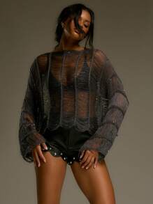 MUSERA 斜领破洞流苏串珠长袖上衣，西部乡村街头风，节日优雅Y2K性感可爱90年代波西米亚风，中西部冬季工作办公室时尚春季毛衣，夏季春季 - 灰色 - 查看 1