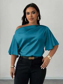 Maweii Áo sơ mi nữ cỡ lớn tay ngắn viền bèo gợi cảm, thanh lịch, thường ngày, màu xanh dương, thích hợp mặc đi làm mùa hè. - Màu xanh ngọc - Xem 4