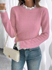 EMERY ROSE Fashionable & Sweet Lace Collar 3D Soft Faux Fur Pullover Sweater, Versatile For Autumn/Winter, European And American Style Knit Pullover Fall - Pink - View 5
