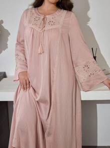 Al Najma V-Neck Tie Sleeve Embroidered Flare Dress, Spring Autumn - Pink - View 1