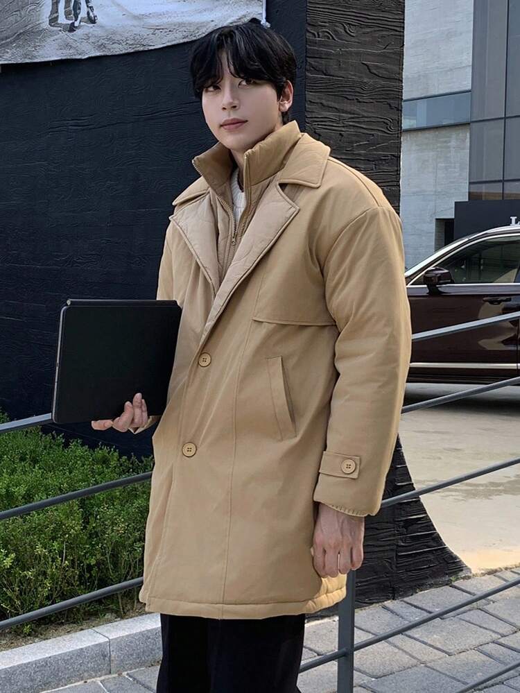 Khaki Windbreaker Jacket, Double-Breasted Design, Long Style Men's Padded Coat, Winter