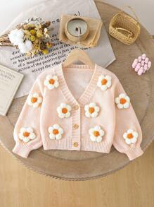 SHEIN New Fashionable Versatile Cute Floral Young Girl Cardigan Sweater With Flower Applique Fall Winter - Coral Pink - View 1