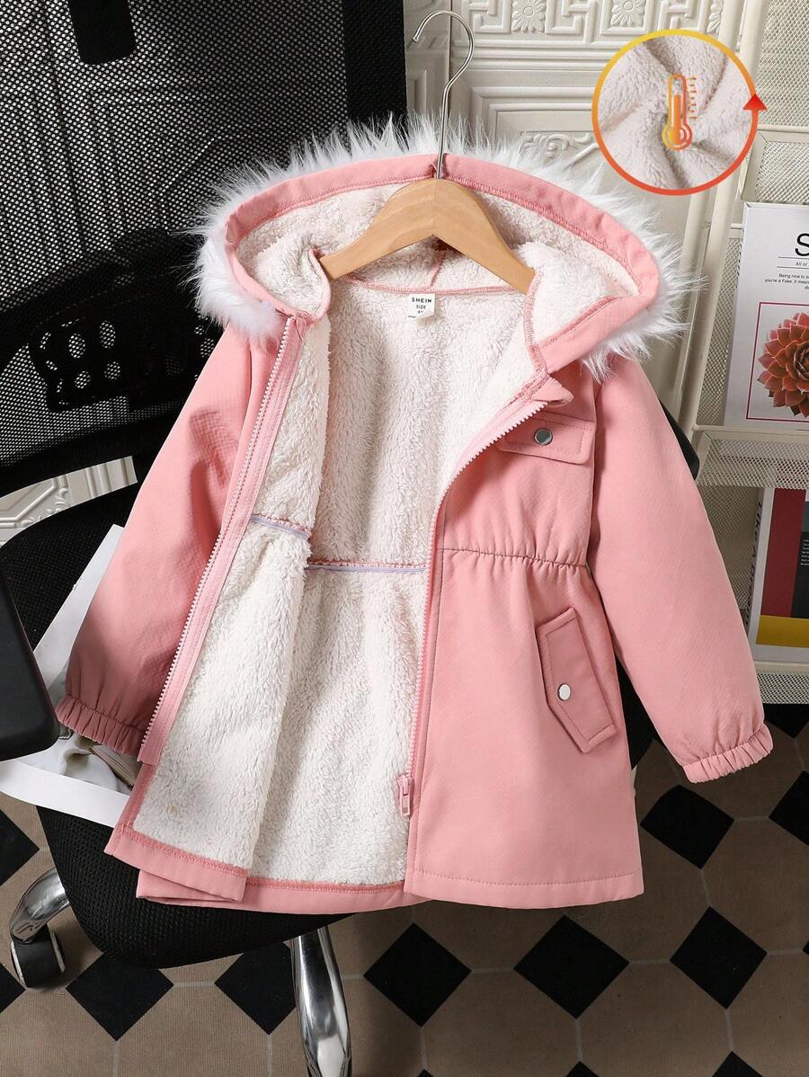 SHEIN Explorewe Young Girl' Pink Composite Jacket, With Detachable Hood & Fur Collar, Casual Everyday Wear Fall Winter - Pink - View 1