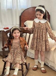 LMoss Kids Conjunto de 2 piezas de ropa de niña bebé con camisa corta casual de unicolor tejida y vestido camisero con estampado floral ditsy para otoño e invierno - Multicolor - Ver 9