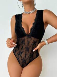SHEIN 蕾丝深V紧身衣（无钢圈），外出 - 黑色 - 查看 4