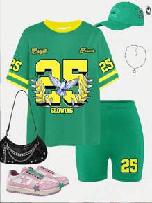 SHEIN 2pcs/Set Young Girl Casual Minimalist Short Sleeve Top And Shorts Set, Suitable For Summer - Multicolor - View 2