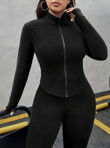 SHEIN EZwear 大尺碼女款秋季黑色羅紋針織開襟外套，2件式休閒套裝，拉鍊短版夾克，登山服，秋冬女裝2件套 - 黑色 - 查看 4