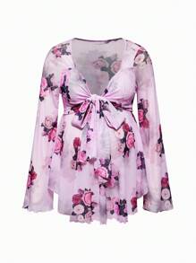 SHEIN Maternity Floral Print Elegant Long Sleeve Shirt - Pink - View 1