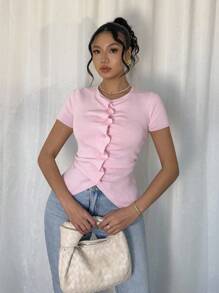 Rafferiza 全新复古合身褶皱不对称纽扣设计女式针织上衣，适合春秋季节 - 粉色 - 查看 3