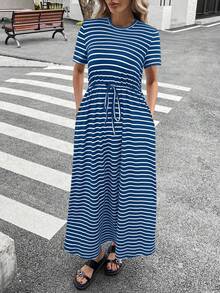 Siren Gaze 女式条纹圆领短袖抽绳腰口袋休闲中长连衣裙