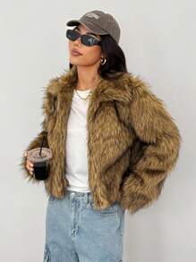 SHEIN PETITE Short Solid Color Fluffy Patchwork Fluffy Coat Y2k Fur Jacket In Fall/Winter ,Petite Women - Camel - View 4