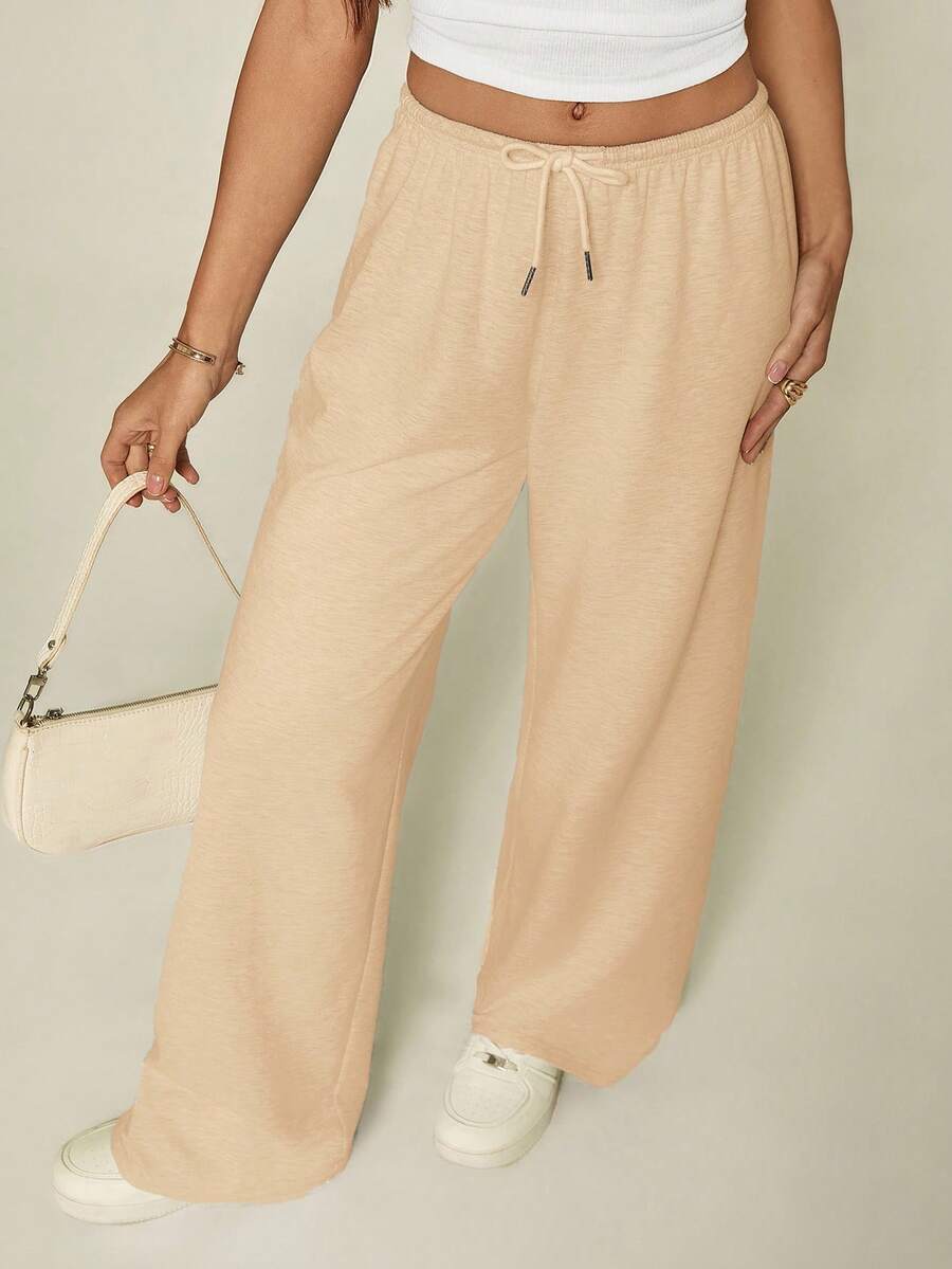 SHEIN Tall 女夏季运动裤基础款休闲杏色裤子女阔腿裤阔腿运动裤宽松裤子舒适裤子女宽松裤子女裤子阔腿夏季裤子 - 卡其色 - 查看 1