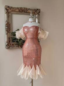 SHEIN Belle 优雅香槟色精致亮片面料闪亮丝绸和欧根纱拼接亮片鱼尾下摆露肩不对称泡泡袖和鱼尾紧身连衣裙，采用不对称泡泡菱形形状，适合华丽优雅的返校派对招待会婚礼季节母亲节音乐节毕业季派对复活节假期派对场合女士编码鸡尾酒会礼服 - 香檳色 - 查看 5