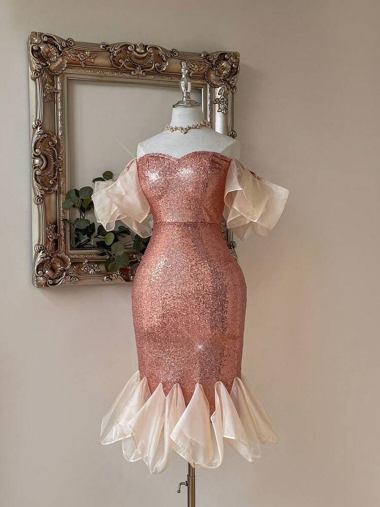 SHEIN Belle 优雅香槟色精致亮片面料闪亮丝绸和欧根纱拼接亮片鱼尾下摆露肩不对称泡泡袖和鱼尾紧身连衣裙，采用不对称泡泡菱形形状，适合华丽优雅的返校派对招待会婚礼季节母亲节音乐节毕业季派对复活节假期派对场合女士编码鸡尾酒会礼服 - 香檳色 - 查看 5