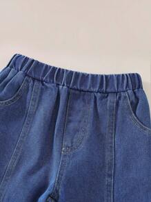 SHEIN Playful Pals Bộ quần denim dài tay in hình bướm màu đỏ mận giản dị cho bé gái mùa thu/đông - Màu Hồng Tươi - Xem 5