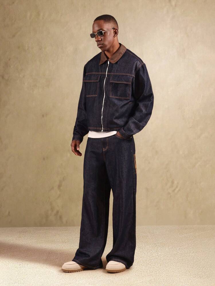 Veste camionneur en denim brut avec col en cuir et poches utilitaires