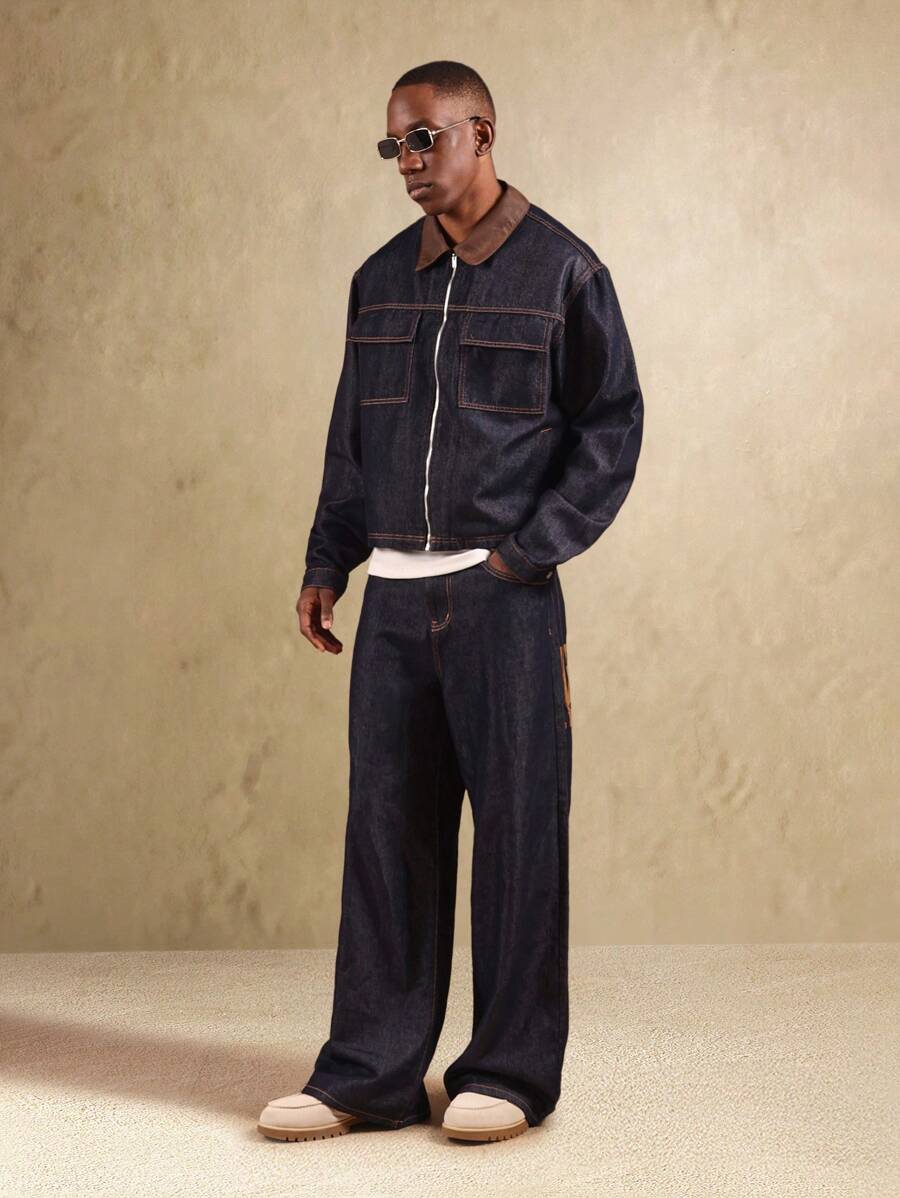SUMWON Rohe Denim Trucker Jacke mit kontrastierendem braunem Lederkragen, Utility Workwear Stil mit Fronttaschen, klassische amerikanische Arbeiterkleidung für Herbst und Winter - Verschiedenfarbig - Übersicht 1