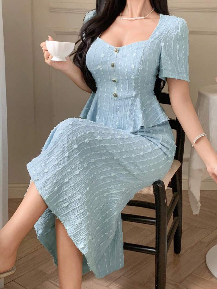 Spring/Summer Textured Striped Fabric Elegant Casual Ruffle Patchwork Waist Sequin Wedding Party 2 In 1 Collared Mid-Length Dress For Women Maxi Dress