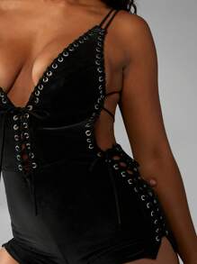 MISSGUIDED 系带连体衣节日波西米亚哥特式做旧皮革链条细节可调节肩带派对夜店连体衣 - 黑色 - 查看 4