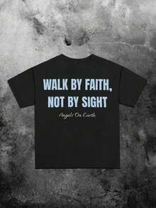 SHEIN Đi bộ bằng đức tin, không phải bằng thị giác, áo thun tay ngắn in họa tiết che mắt cho bé trai tóc xoăn dành cho nữ, mùa hè - màu đen - Xem 2