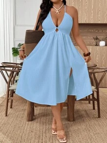 EMERY ROSE Váy maxi hở lưng màu trơn gợi cảm cỡ lớn cho nữ, đi nghỉ - Màu xanh lam - Xem 7