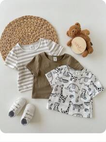3-Piece Soft Knit Crew Neck Short Sleeve Tops Set For Baby Boy Or Baby Girl Graphic - Green - View 3