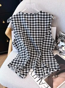 Franclia Chemise décontractée à col rond sans manches à carreaux et à simple boutonnage pour femmes, printemps/été - Noir et Blanc - Voir 2