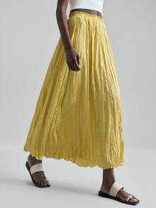 Ontre 女士纯色弹力腰褶裥长裙，简约时尚商务休闲风，适合音乐会、波西米亚海滩度假等场合 - 綠色 - 查看 1