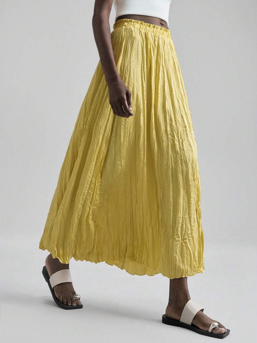 Ontre 女士纯色弹力腰褶裥长裙，简约时尚商务休闲风，适合音乐会、波西米亚海滩度假等场合 - 綠色 - 查看 1