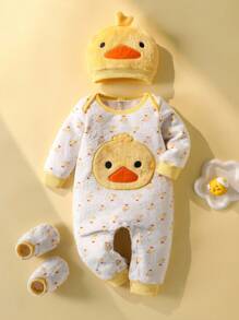 SHEIN 3pcs/Set Baby Boy Spring Outfit: Long Sleeve Cute Duck Print Jumpsuit + Hat + Socks Fall Winter - Yellow - View 2