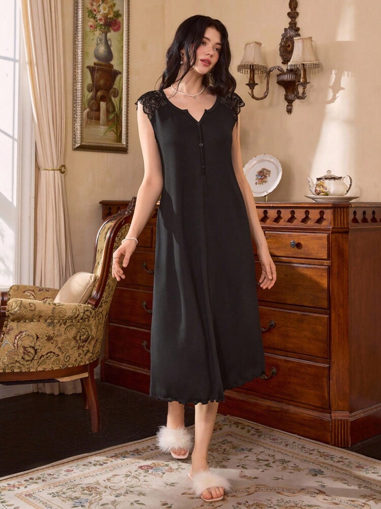 Côtesoire Casual Black Sleep Dress With Charming Lace Accents And Comfortable Cap Sleeves V Neck Sleepwear Long Sleep Dress - Black - View 2