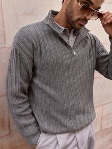 Manfinity VCAY Men's Grey Quarter Zip Sweater,Loose Fit High Neck Ribbed Knit Pullover For Autumn,Smart Casual Date Night Cashmere Soft Solid Color Men's Knitwear - Dark Grey - View 7