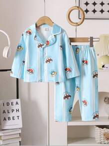 Baby Boy Knitted Collar Long Sleeve Top And Pants Set, Cute Puppy Blue Striped Casual Homewear, Spring/Autumn Puppy Print Pajamas Baby Boy Pajama Set Fall Winter - Multicolor - View 3