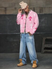 AXEPEAK Áo len nam tay dài cài nút phía trước thời trang thường ngày, áo khoác cardigan màu hồng, cho mùa thu đông - Hồng - Xem 6