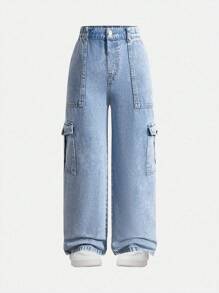 SHEIN Tween Boy Personalized Versatile Comfortable Casual Holiday Water Washed Soft Fashion Street Baggy Non-Stretch Lightweight Denim Pants, Spring/Autumn - Light Wash - View 3