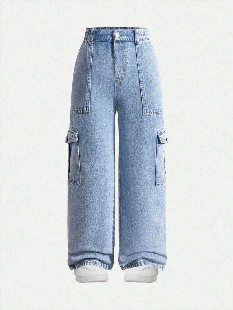 SHEIN Quần denim nhẹ không co giãn, mùa xuân/thu, thời trang đường phố rộng rãi, thoải mái, dễ giặt nước, dành cho bé trai tuổi teen - Rửa nhẹ - Xem 3