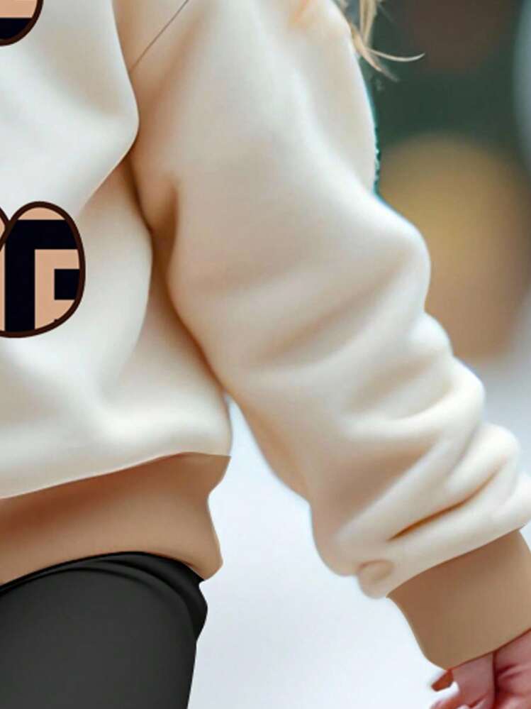 SHEIN 2 件年轻女孩休闲街头风格熊印花圆领长袖运动衫和紧身裤套装，适合秋冬季 - 彩色 - 查看 5