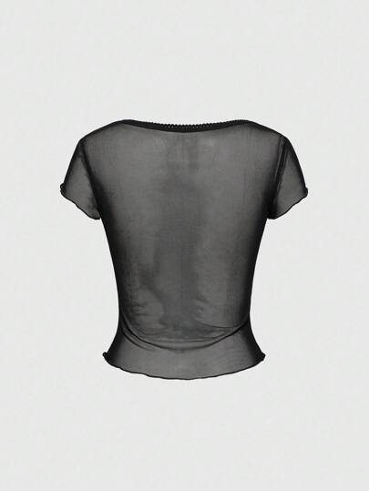 ROMWE Avant Blusa de malla transparente con manga corta y estampado de luna para mujer