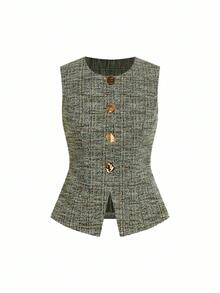 Ellevyn Women's Sleeveless Vest With Metal Button Closure, Suitable For Commuting - Green - View 3