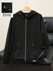 PAVTROS 男士街头时尚和嘻哈风格运动衫连帽衫，针织连帽运动衫运动衫，针织运动服，拉链和铆钉装饰，极简主义设计，独特风格，街头文化，年轻时尚，休闲舒适，简约别致，节日礼物，中性男士黑色拉链连帽衫黑色拉链连帽衫夹克拉链连帽衫带古铜色补丁男士街头风连帽衫宽松拉链连帽衫 - 黑色 - 查看 4