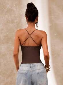 SHEIN BAE 棕色串珠细肩带女式紧身衣，夏季紧身衣，紧身性感复古吊带紧身衣，海滩度假背心，珍珠串珠吊带